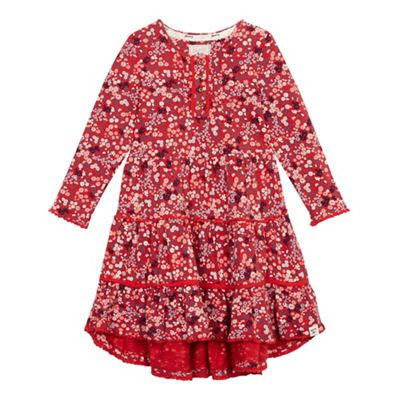 Girls' red floral print tiered dress